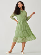 Green Mist Chiffon Brasso Swiss Dot V-Neck Dress